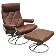 Vintage Ekornes Stressless Brown Leather Reclining Swivel Lounge Chair & Ottoman
