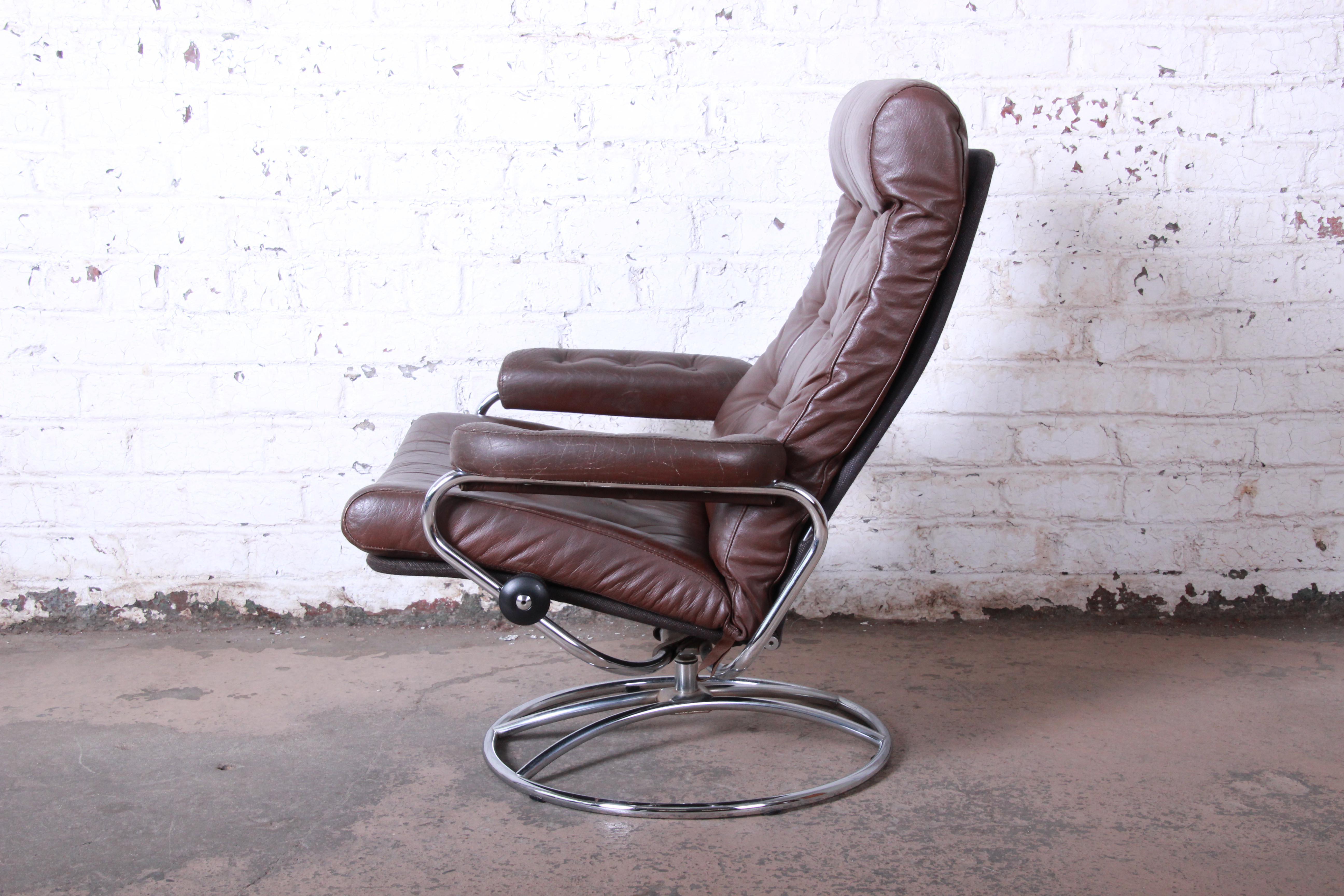 Vintage Ekornes Stressless Chrome and Leather Lounge Chair and Ottoman 1