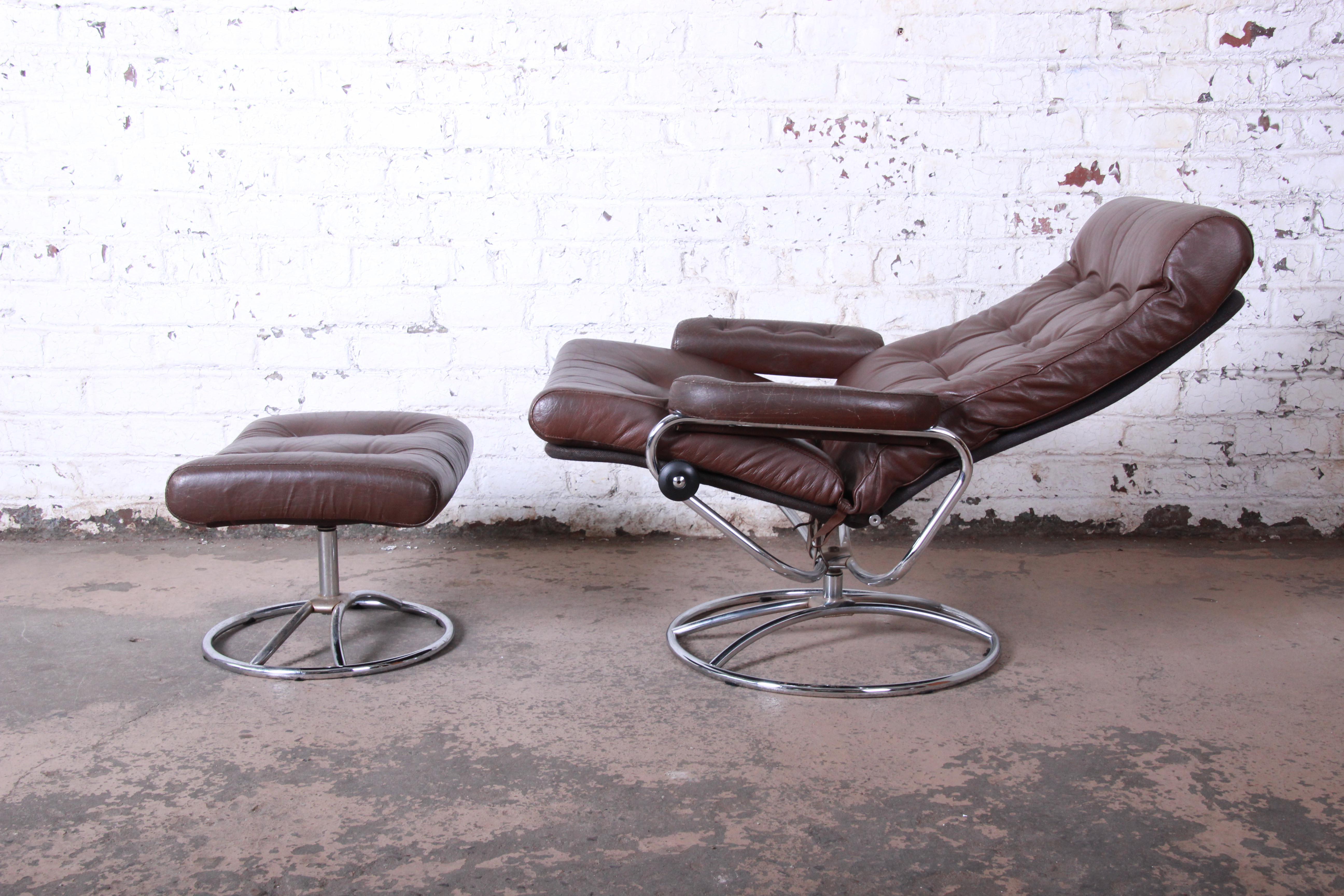 Mid-Century Modern Vintage Ekornes Stressless Chrome and Leather Lounge Chair and Ottoman