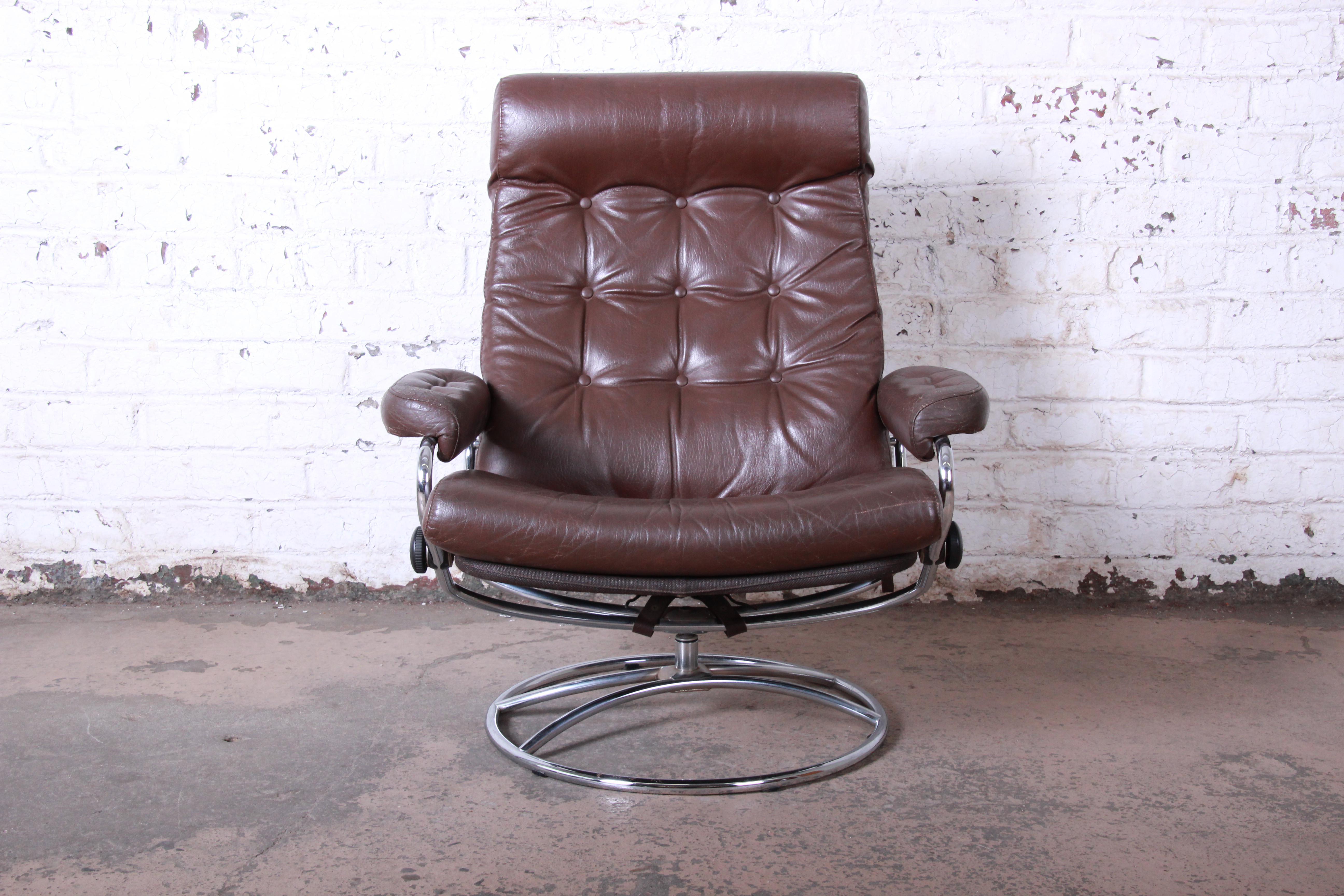 Norwegian Vintage Ekornes Stressless Chrome and Leather Lounge Chair and Ottoman