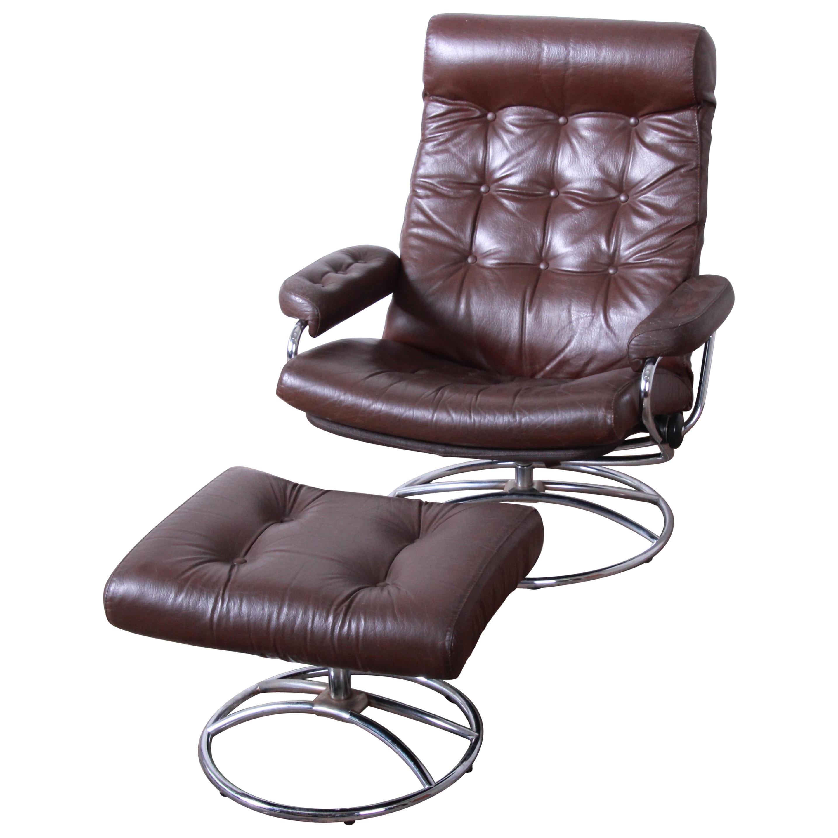 Vintage Ekornes Stressless Chrome and Leather Lounge Chair and Ottoman