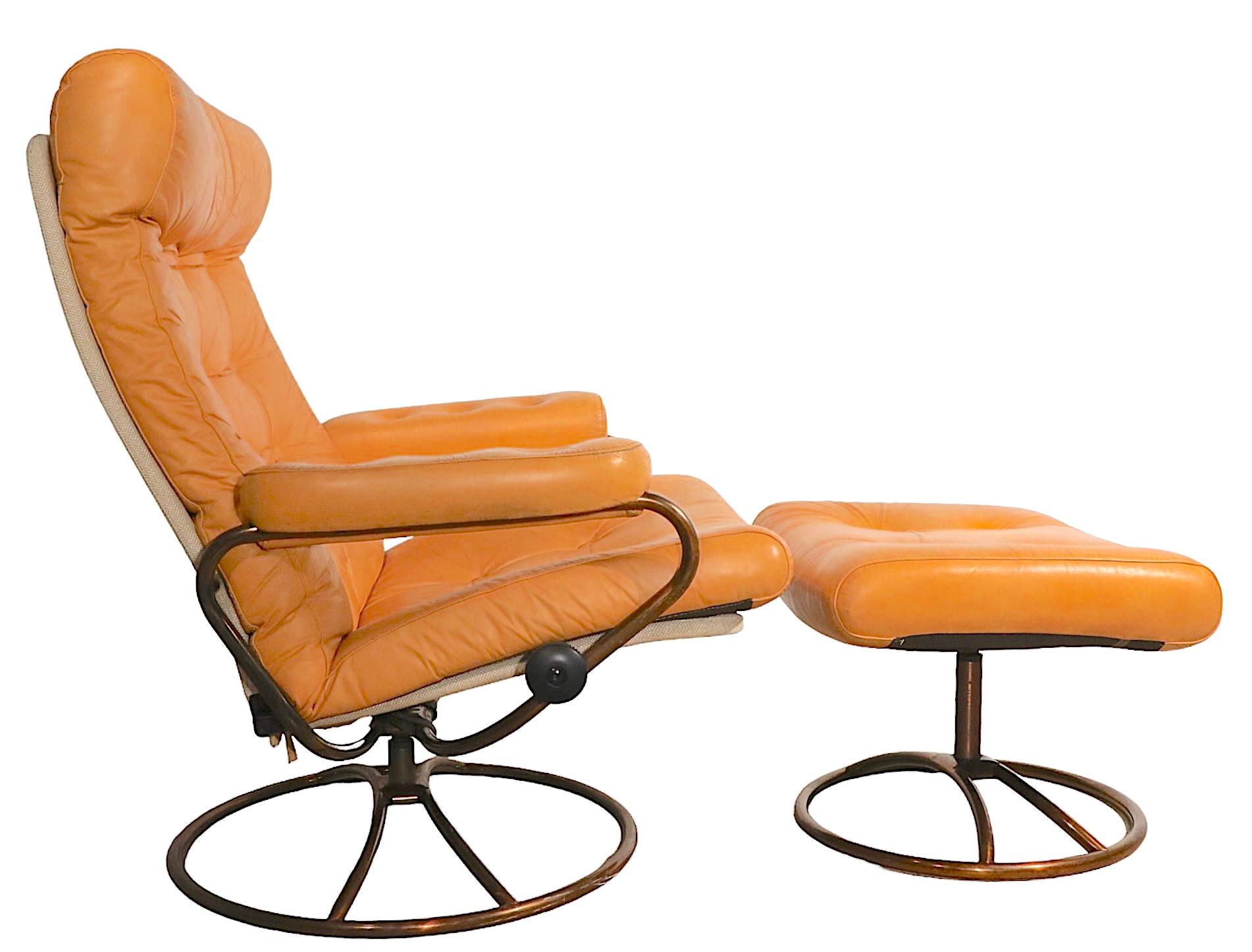 Vintage Ekornes Stressless Leather Swivel Reclining Lounge Chair and Ottoman 10