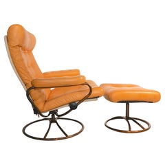 Vintage Ekornes Stressless Leather Swivel Reclining Lounge Chair and Ottoman