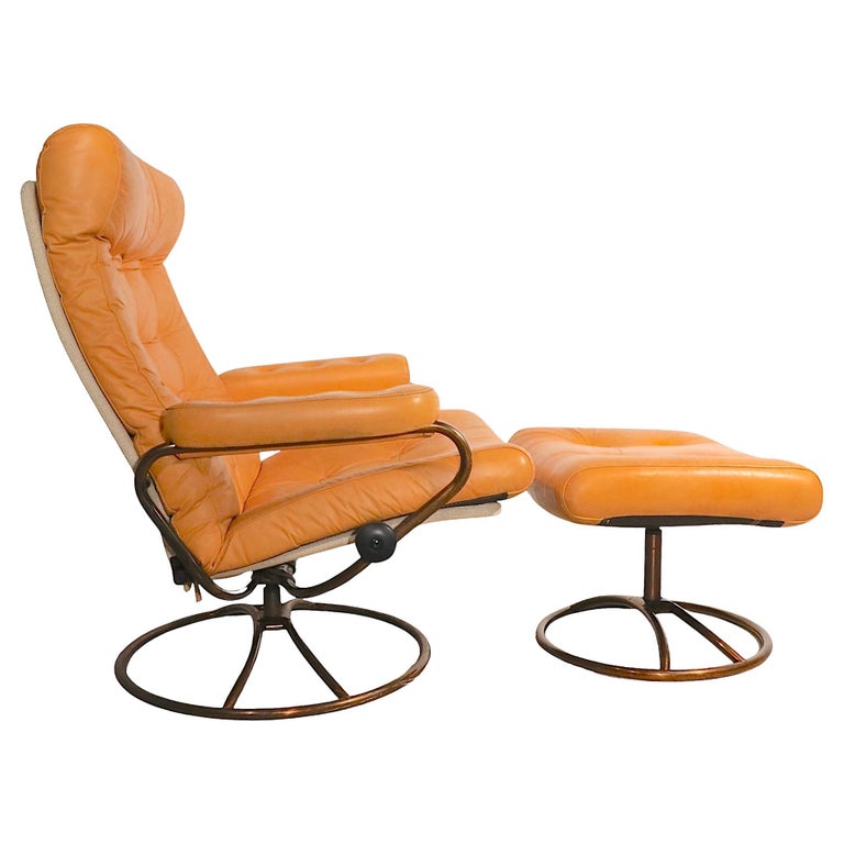 Vintage Ekornes Stressless Leather Swivel Reclining Lounge Chair and