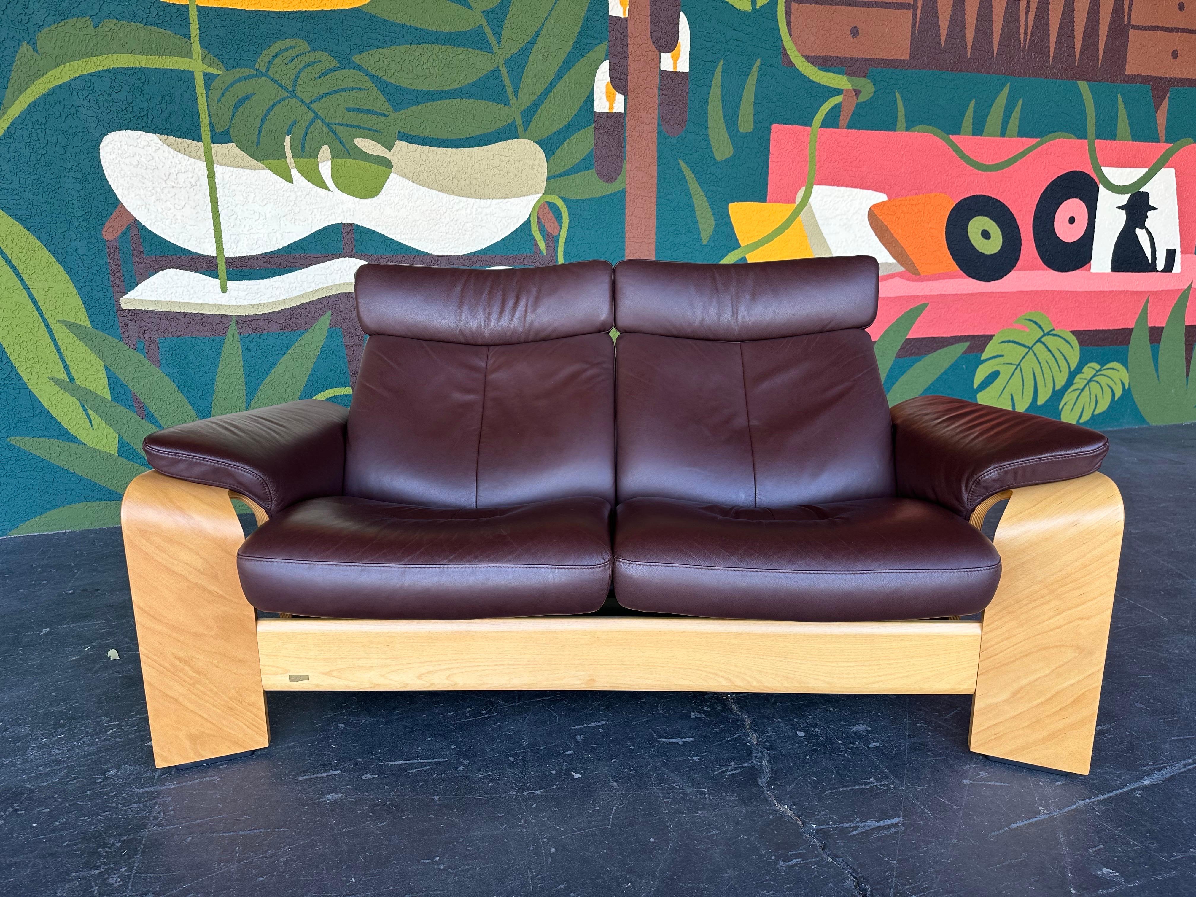 Norwegian Vintage Ekornes Stressless Pegasus Brown Leather and Wood Reclining Loveseat