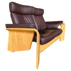 Vintage Ekornes Stressless Pegasus Brown Leather and Wood Reclining Loveseat