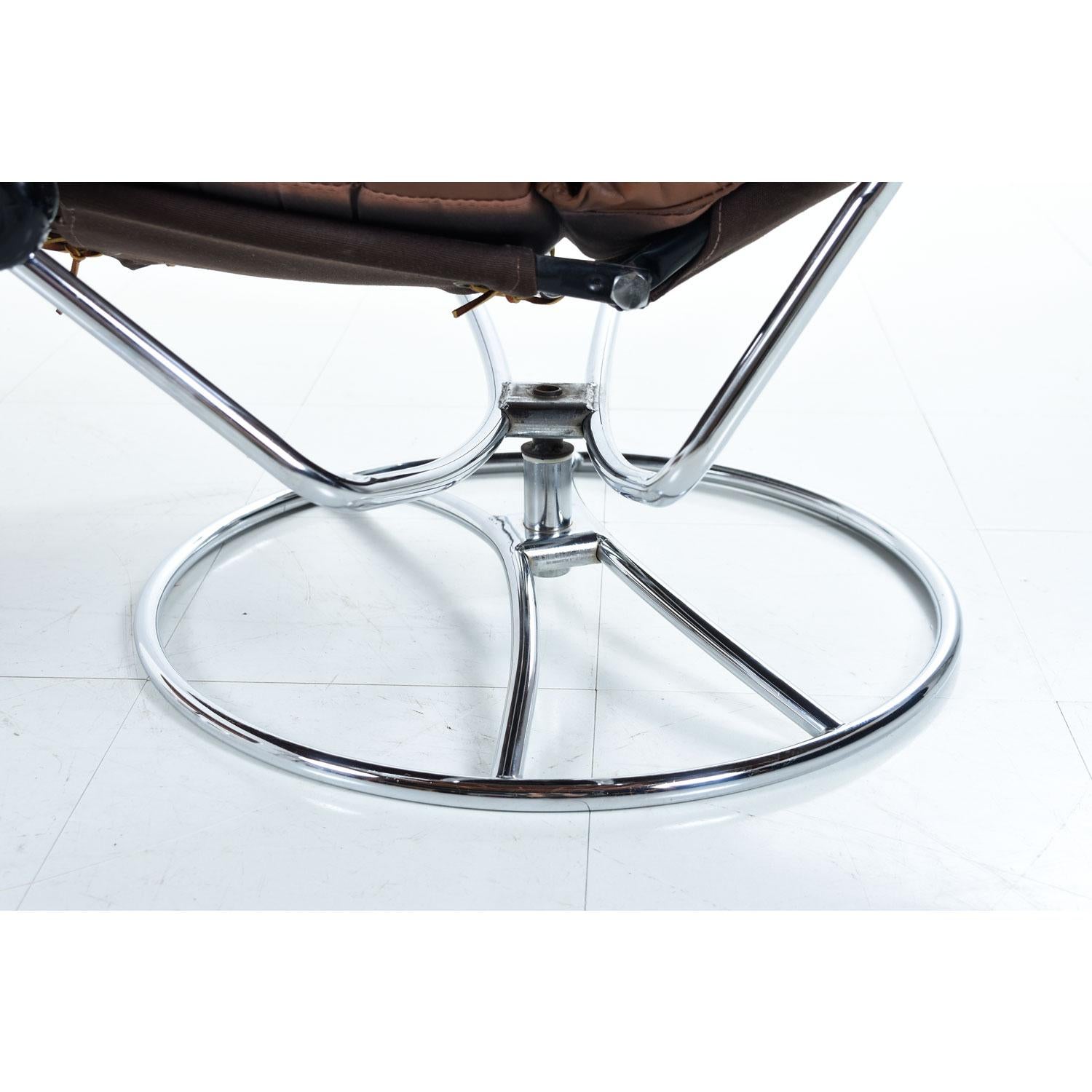 Vintage Ekornes Style Chrom und Leder Recliner Lounge Stuhl mit Ottoman 5