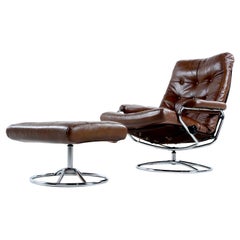 Used Ekornes Style Chrome and Leather Recliner Lounge Chair with Ottoman