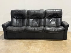 Vintage Ekorness Reclining Black Leather Sofa - Scandinavian Midcentury Couch