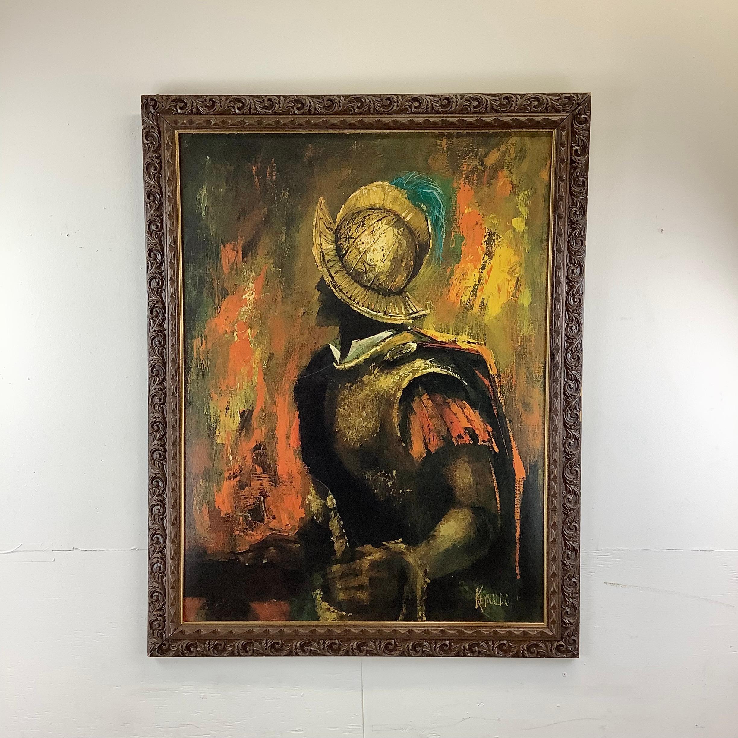 This impressive vintage largescale art print depicts the profile of a Spanish Conquistador in perfect mid-century color palette and set in a textured wood frame. This print on board art piece shows the signature of the original artist, 