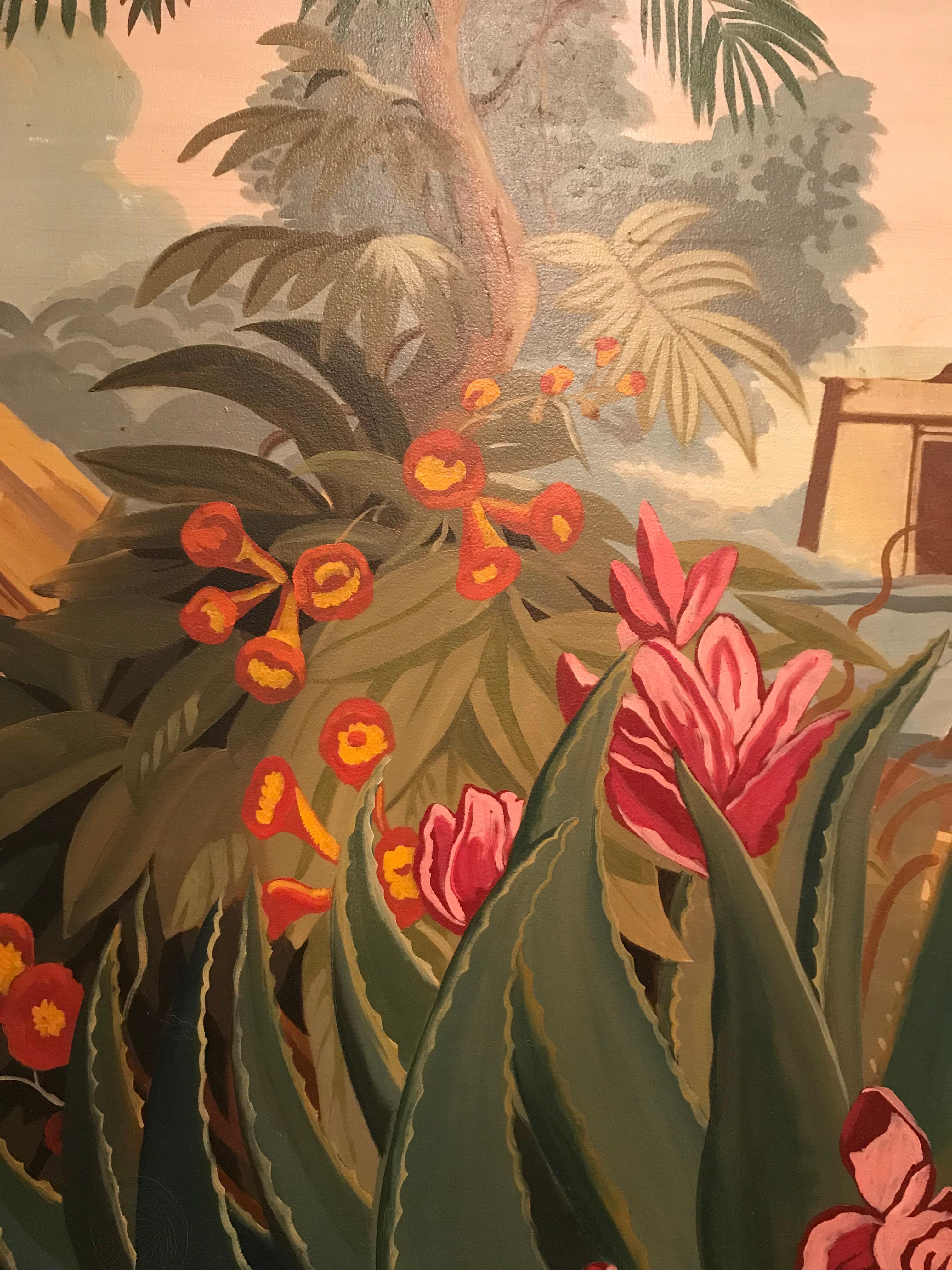 Vintage Pink Red Floral El Dorado Mural Scene Painting In Good Condition In Houston, TX