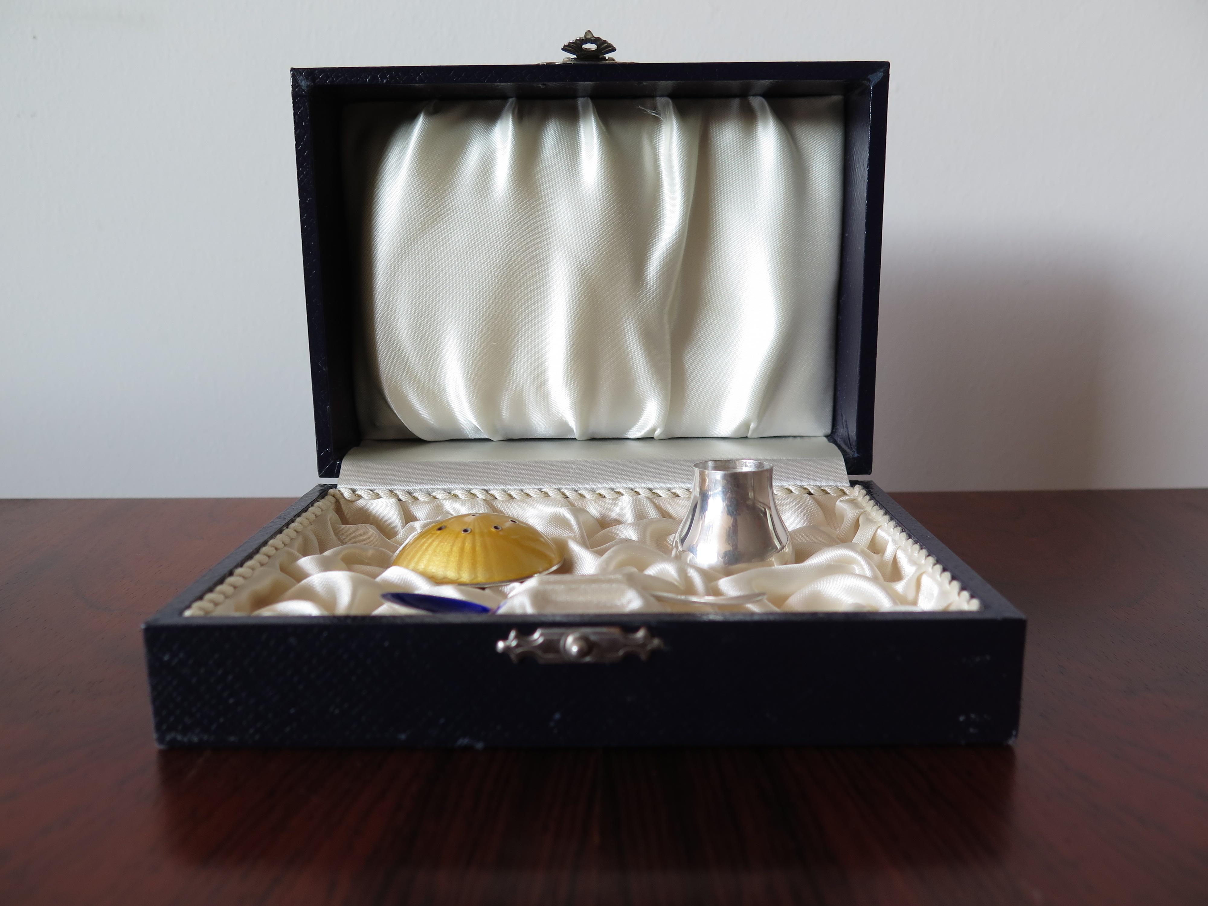 Ein Vintage-Salzstreuer und Löffel von Egon Lauridsen aus Dänemark aus Sterlingsilber und Emaille mit originaler satinierter und bestückter Schachtel. Das Set besteht aus einem Löffel und einem passenden Salzstreuer in Pilzform mit abnehmbarem