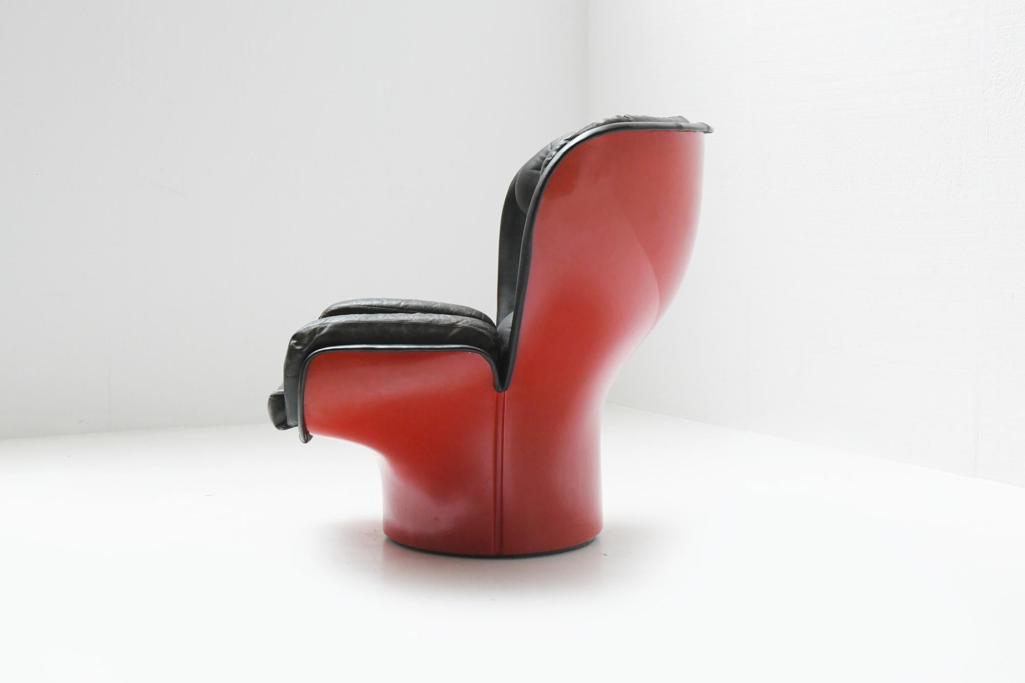 Mid-Century Modern Vintage Elda Chair in Black Leather & Red Shell by Joe Colombo for Comfort Italy For Sale