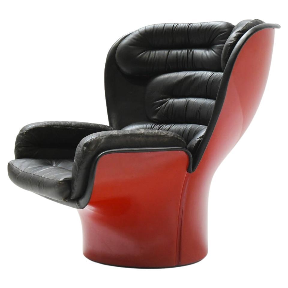 Vintage Elda Chair in Black Leather & Red Shell by Joe Colombo for Comfort Italy