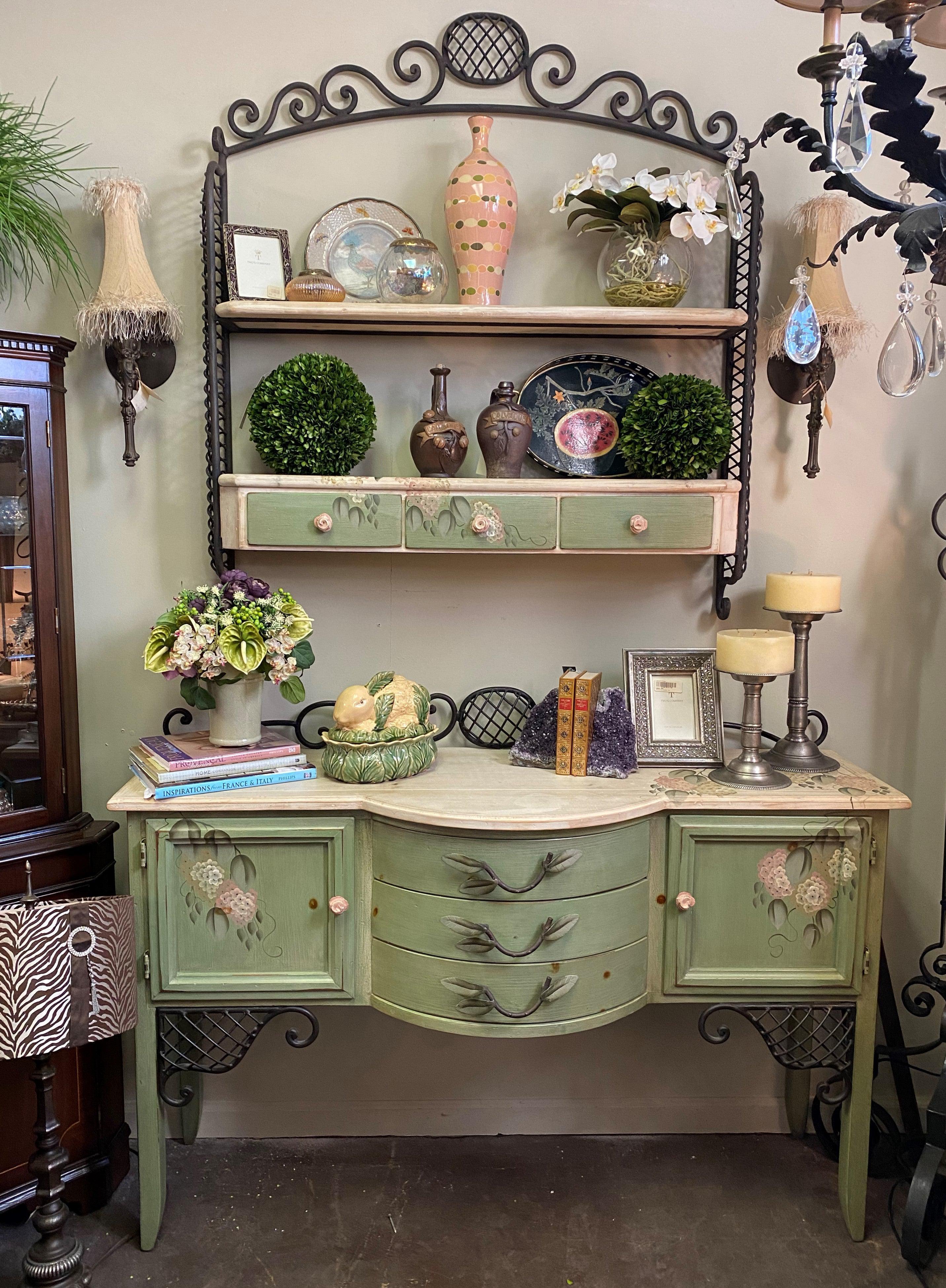 Handmade by the Elden Collection out of California this painted buffet with matching open wall shelf can be used as shown or separated and used in two different rooms. These pieces have been hand-painted with a semi transparent wash of green and