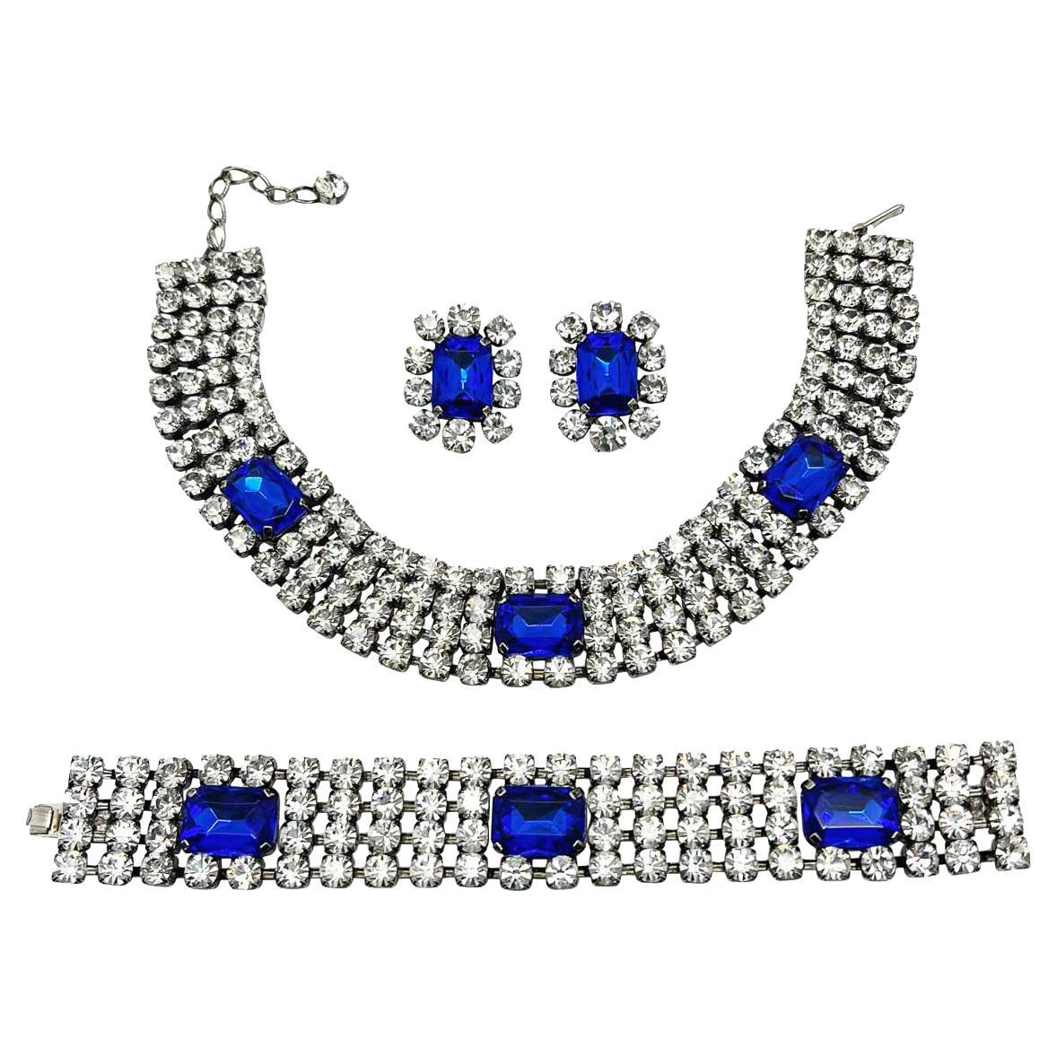 Vintage Electric Blue Crystal Choker, Cuff & Earrings 1980s For Sale