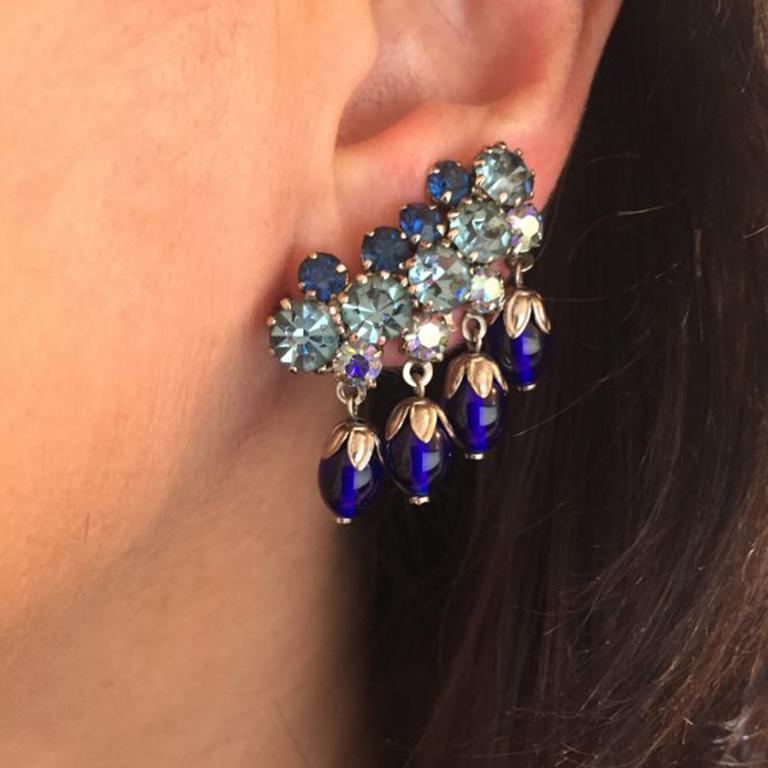 Vintage Electric Blue Glass Earclimber Drop Earrings 1950S In Good Condition In Wilmslow, GB