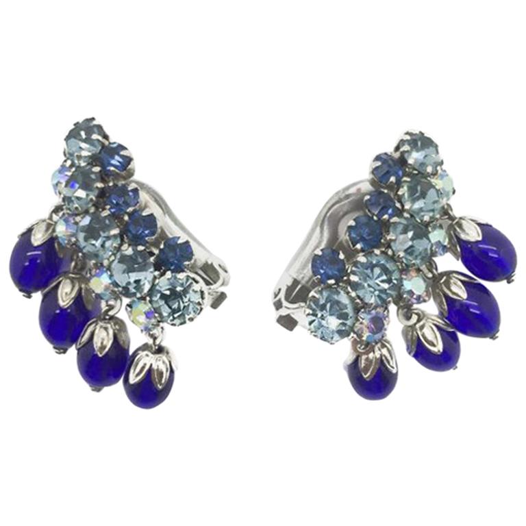 Vintage Electric Blue Glass Earclimber Drop Earrings 1950S