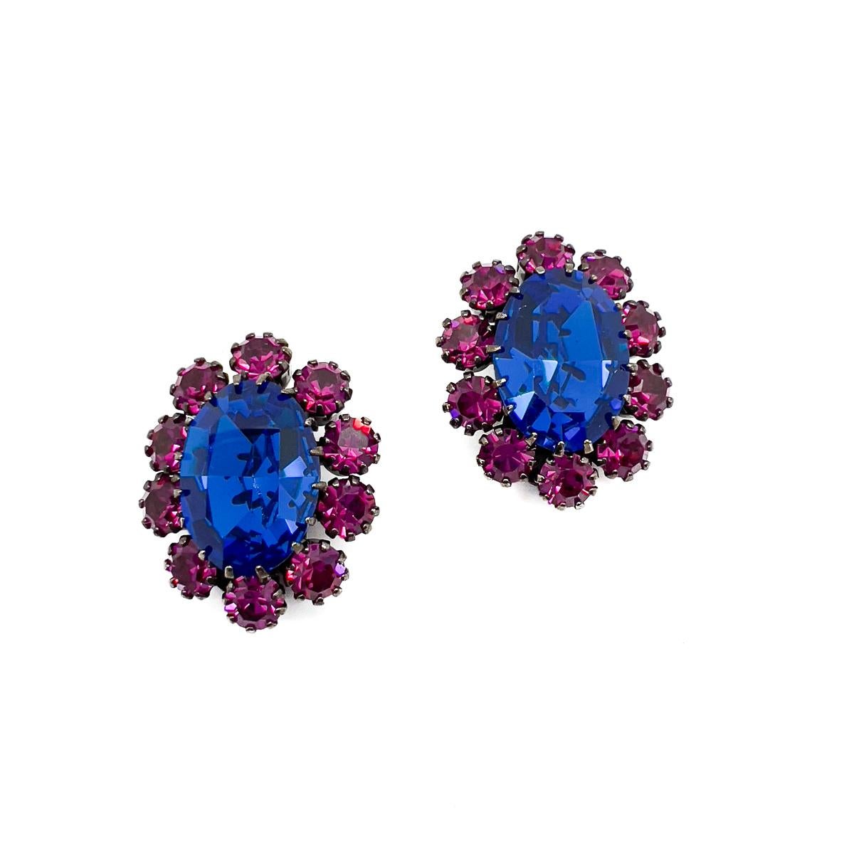 Vintage Electric Blue & Hot Pink Crystal Earrings 1960s In Good Condition For Sale In Wilmslow, GB