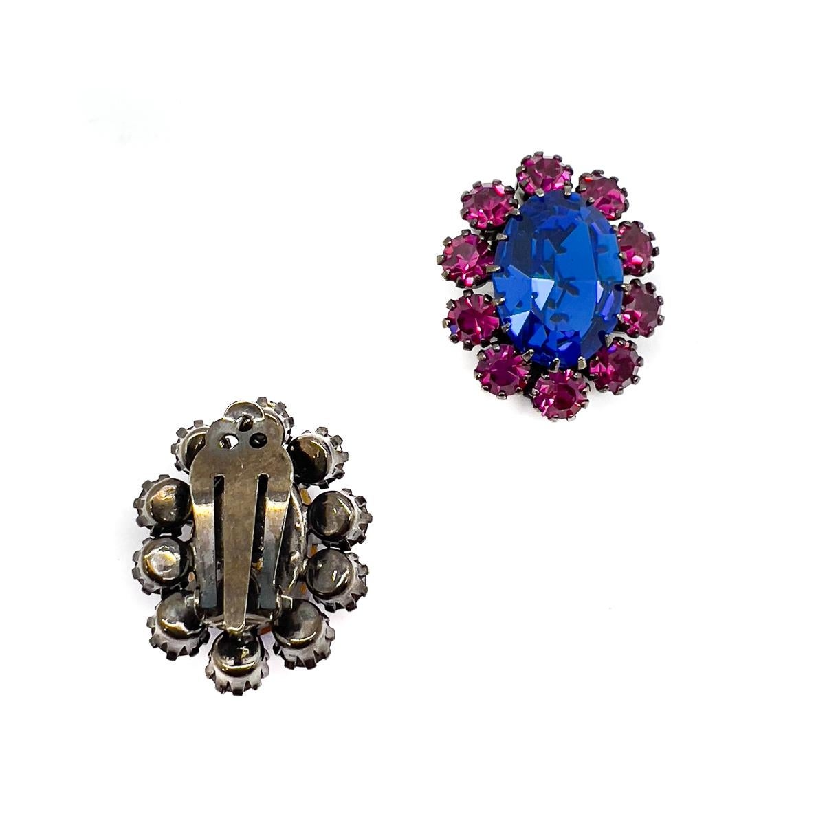 Women's Vintage Electric Blue & Hot Pink Crystal Earrings 1960s For Sale