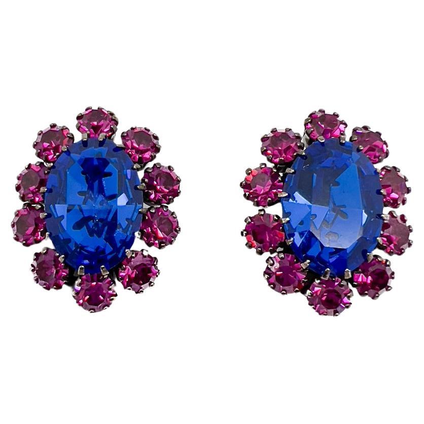 Vintage Electric Blue & Hot Pink Crystal Earrings 1960s For Sale