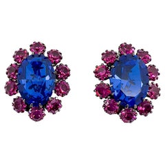 Boucles d'oreilles vintage en cristal bleu électrique et rose vif des années 1960