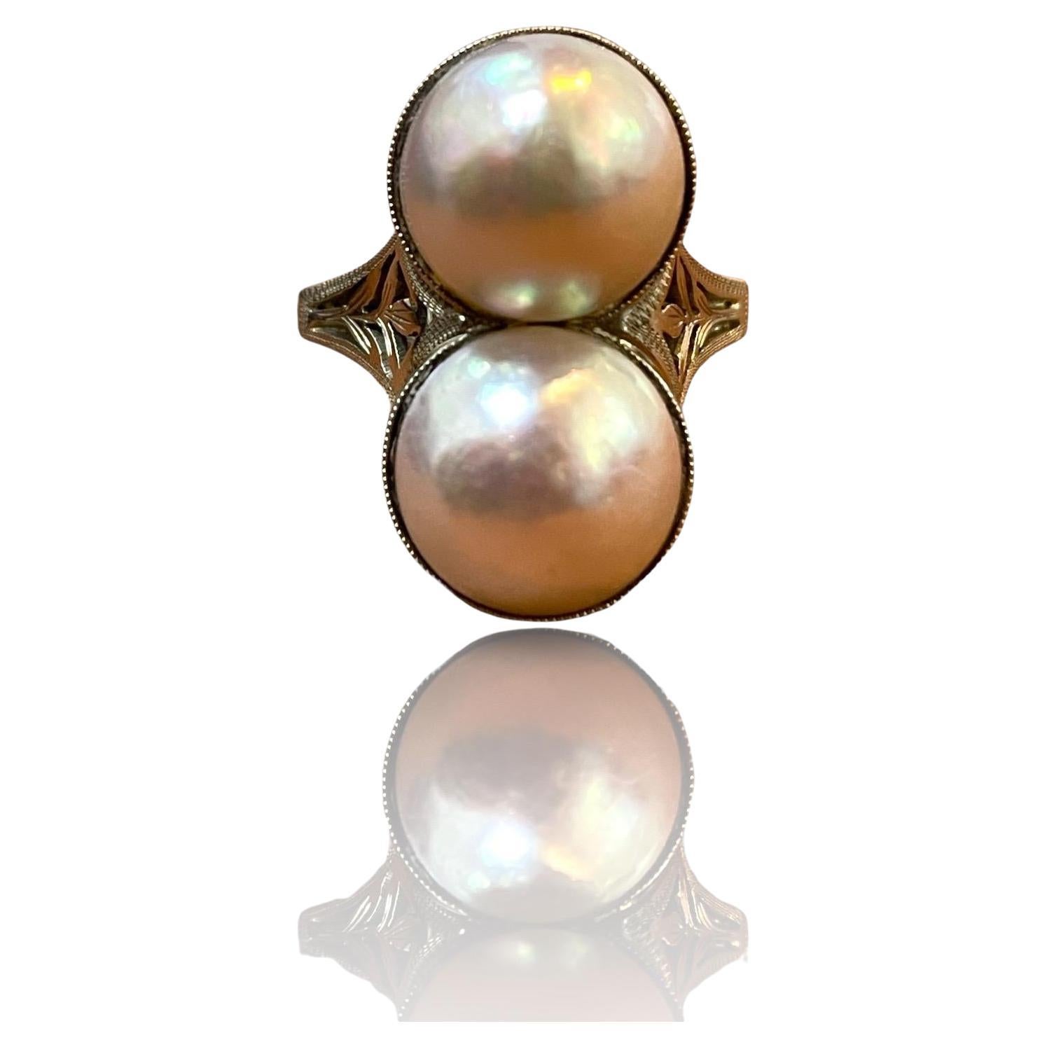 Vintage Elegance "Toi et Moi" Pearl Ring in 14K White Gold For Sale