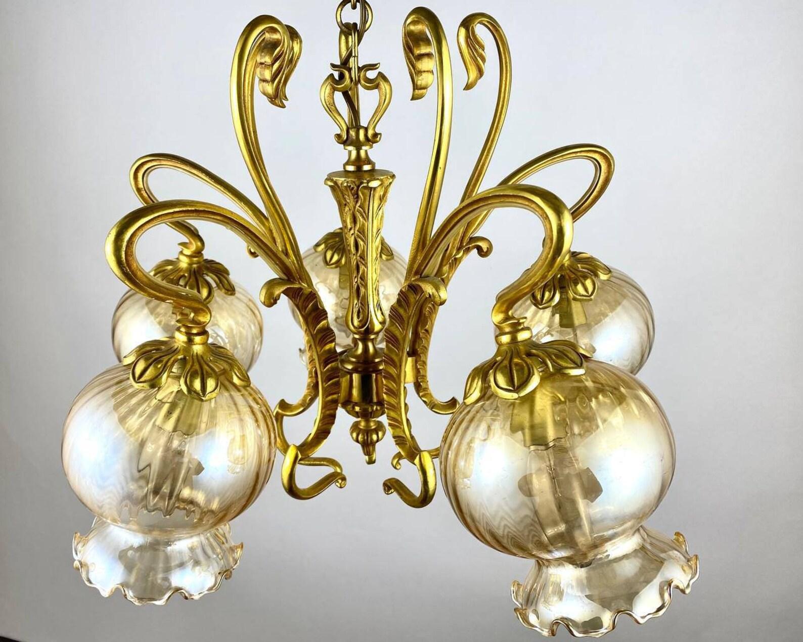 Belgian Vintage Elegant Chandelier Gilt Brass and 5 Glass Plafond Chandelier For Sale