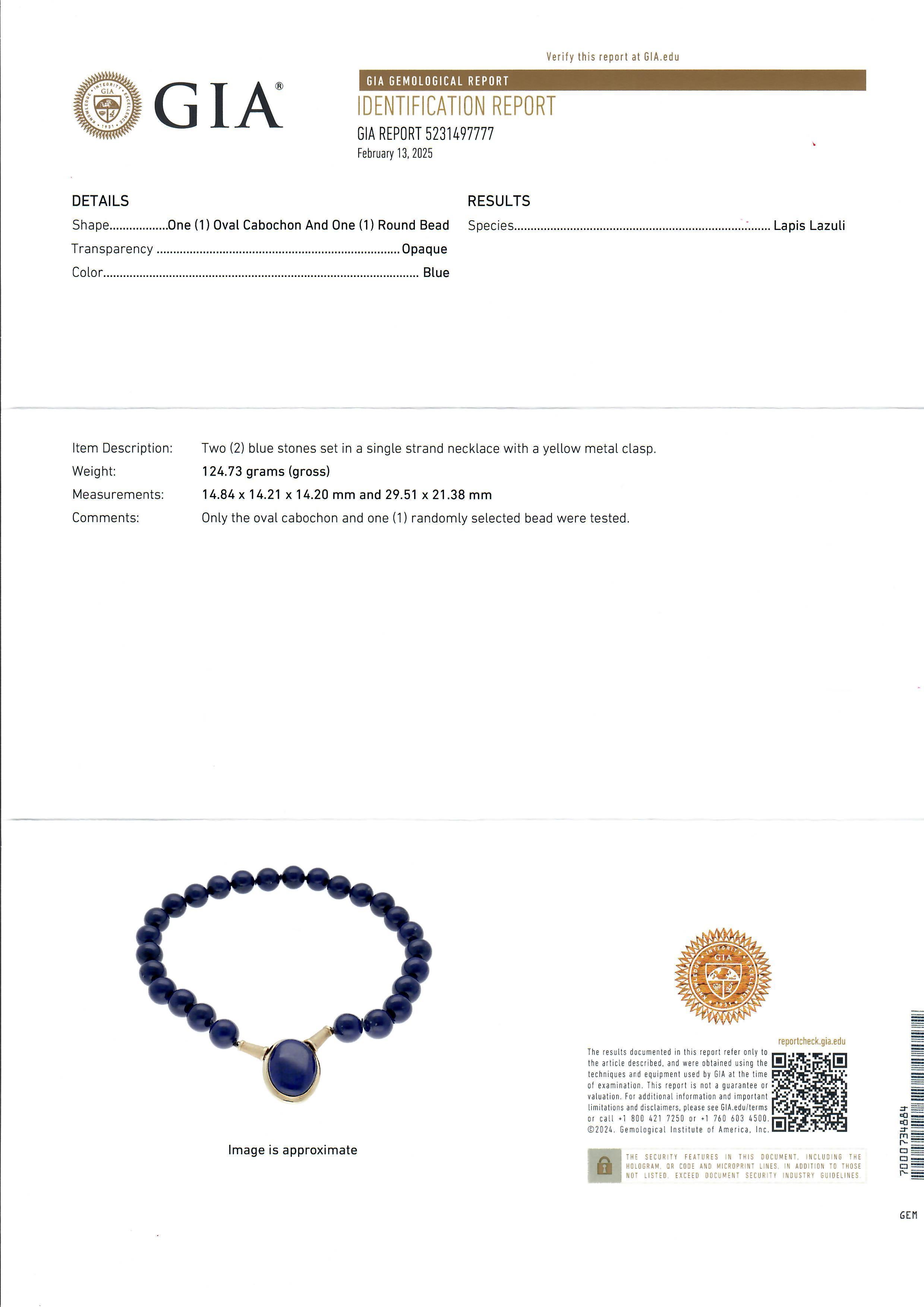 Vintage Elegant GIA Lapis Oval & Bead 16