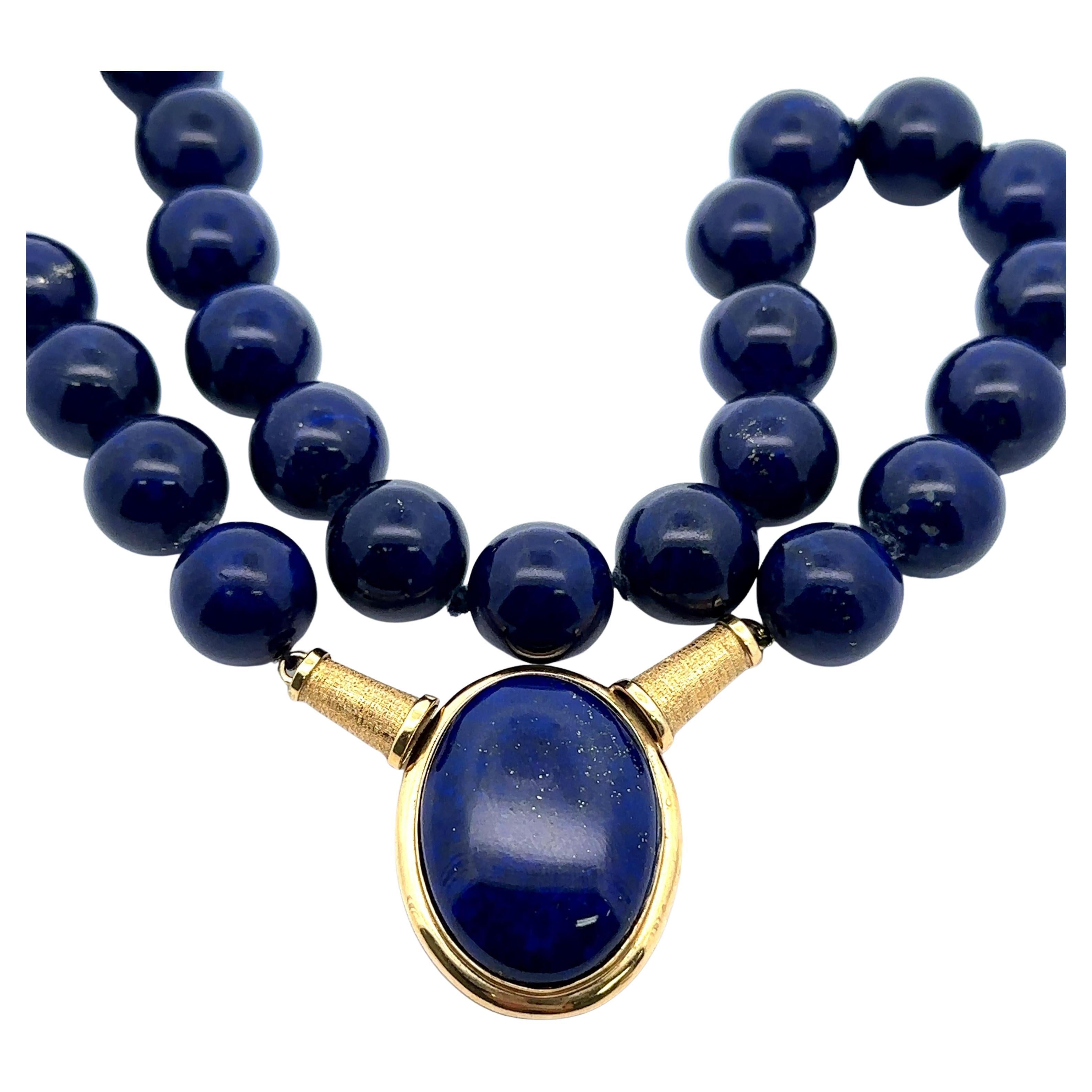Vintage Elegant GIA Lapis Oval & Bead 16" Strand Necklace w/ Yellow Gold Clasp For Sale
