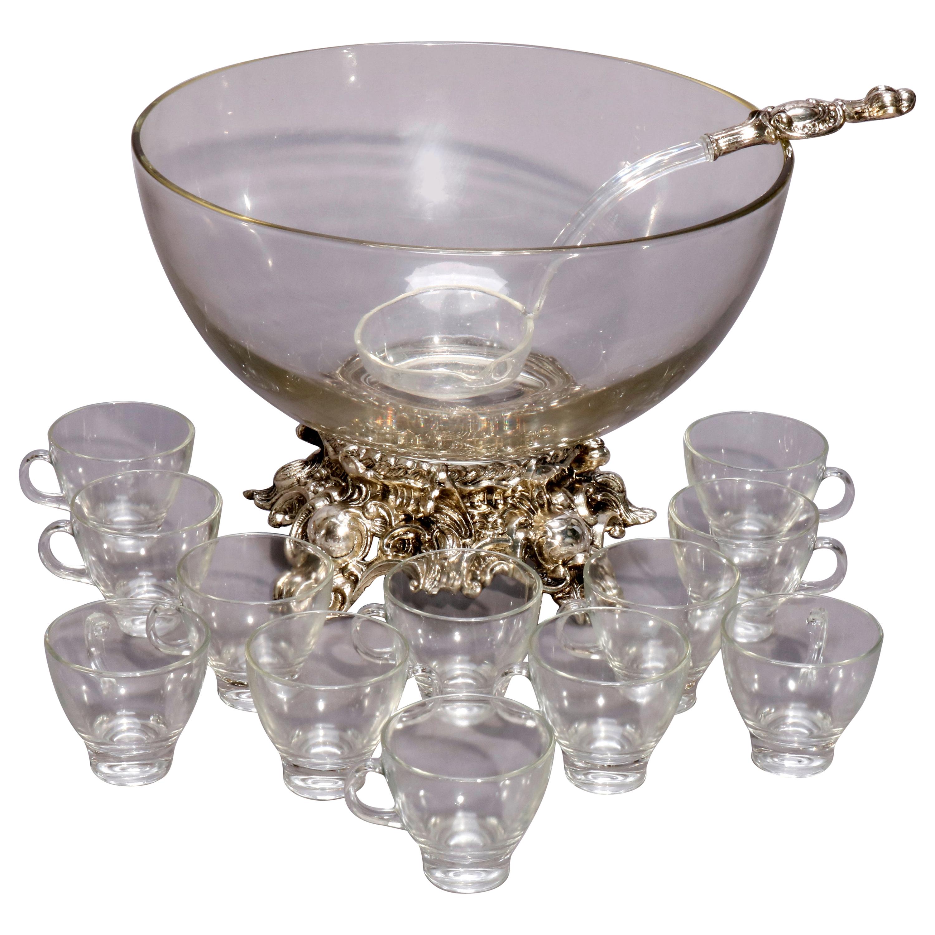 Vintage Elegant Glass and Silver Plated Base Punch Bowl and 12 Glass Cups