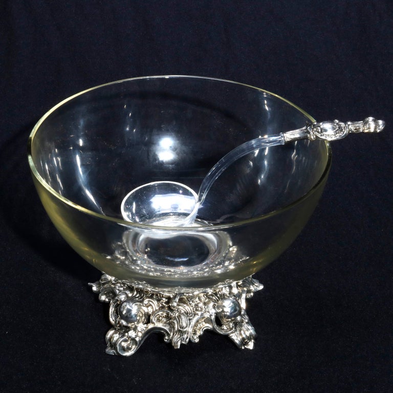 Vintage Elegant Glass and Silver Plated Base Punch Bowl and 12 Glass Cups at 1stDibs