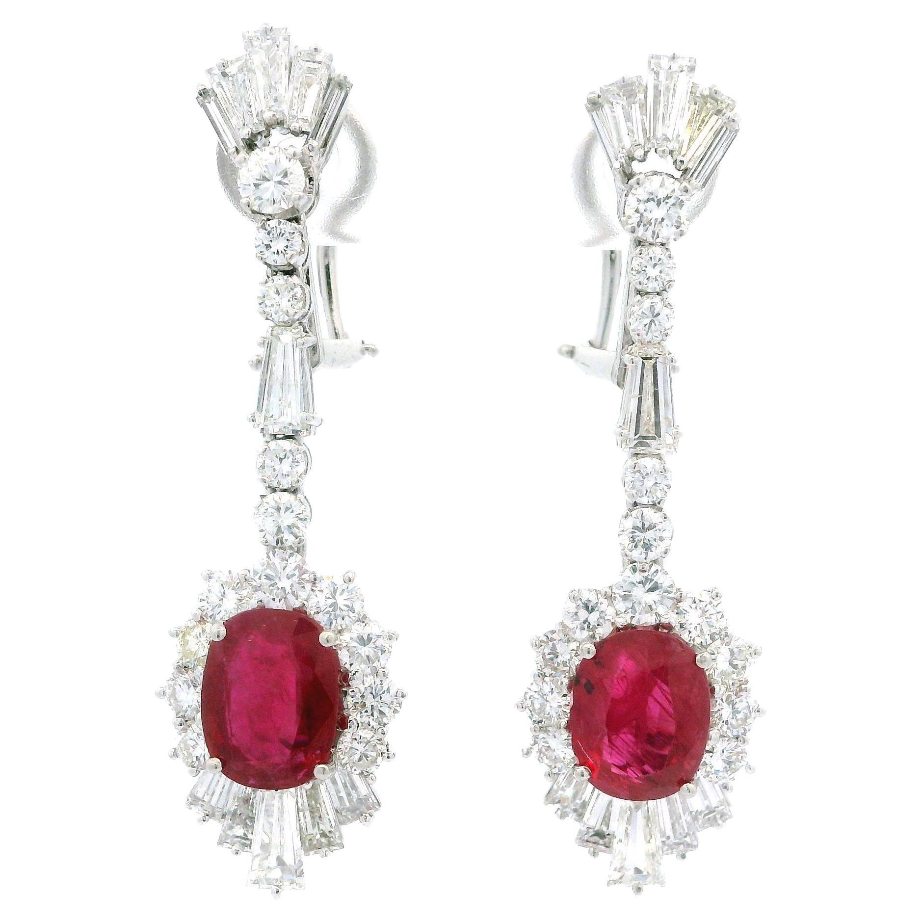 Vintage Elegant Platinum 8.15ctw GIA Ruby 
Diamond Handmade Dangle Earrings For Sale