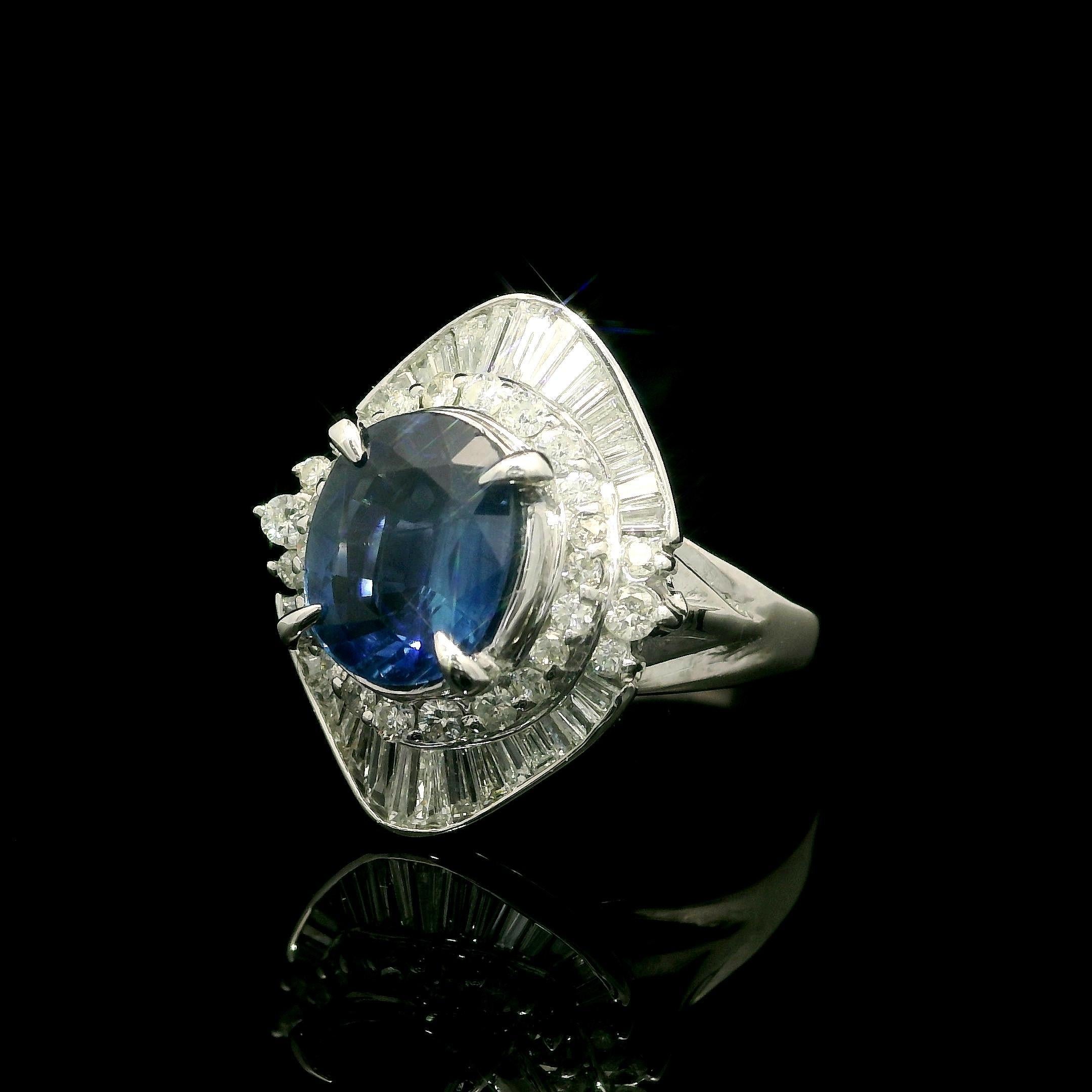 Vintage Elegant Platin GIA 2.99ctw Oval Sapphire & Diamant Ballerina Ring (Brillantschliff) im Angebot
