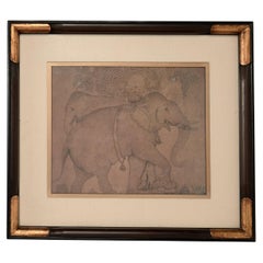 Vintage Elephant Asian Style Framed Lithograph