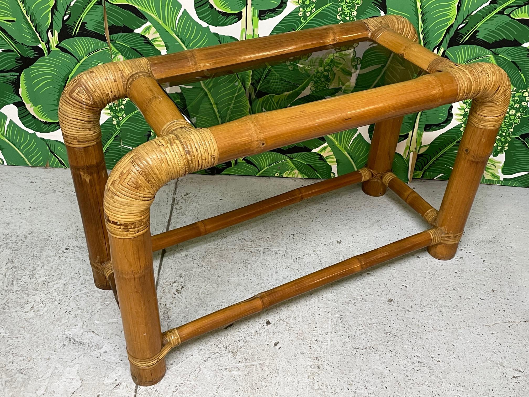 Vintage console table constructed of jumbo bamboo, often referred to as 