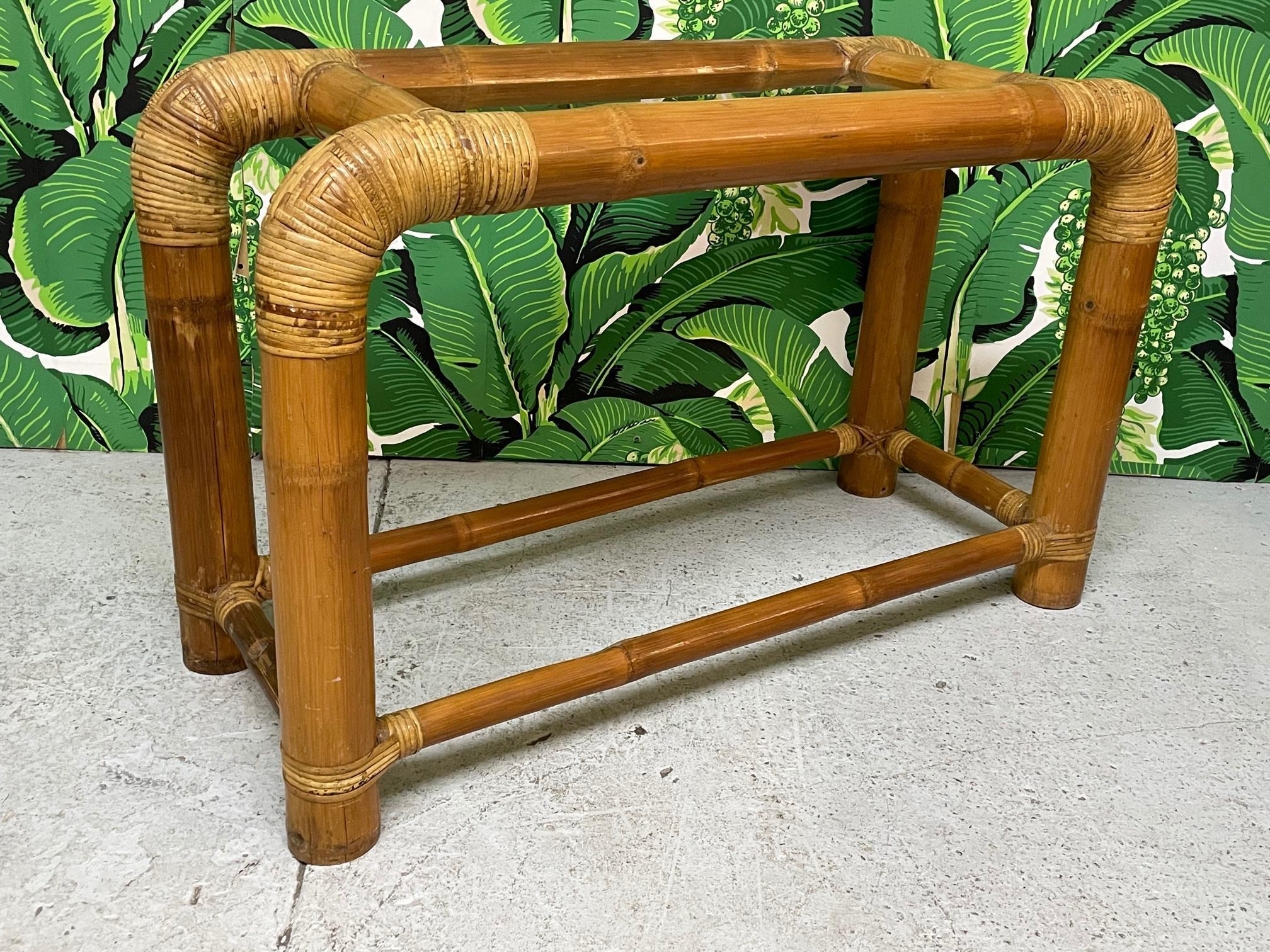 Vintage console table constructed of jumbo bamboo, often referred to as 