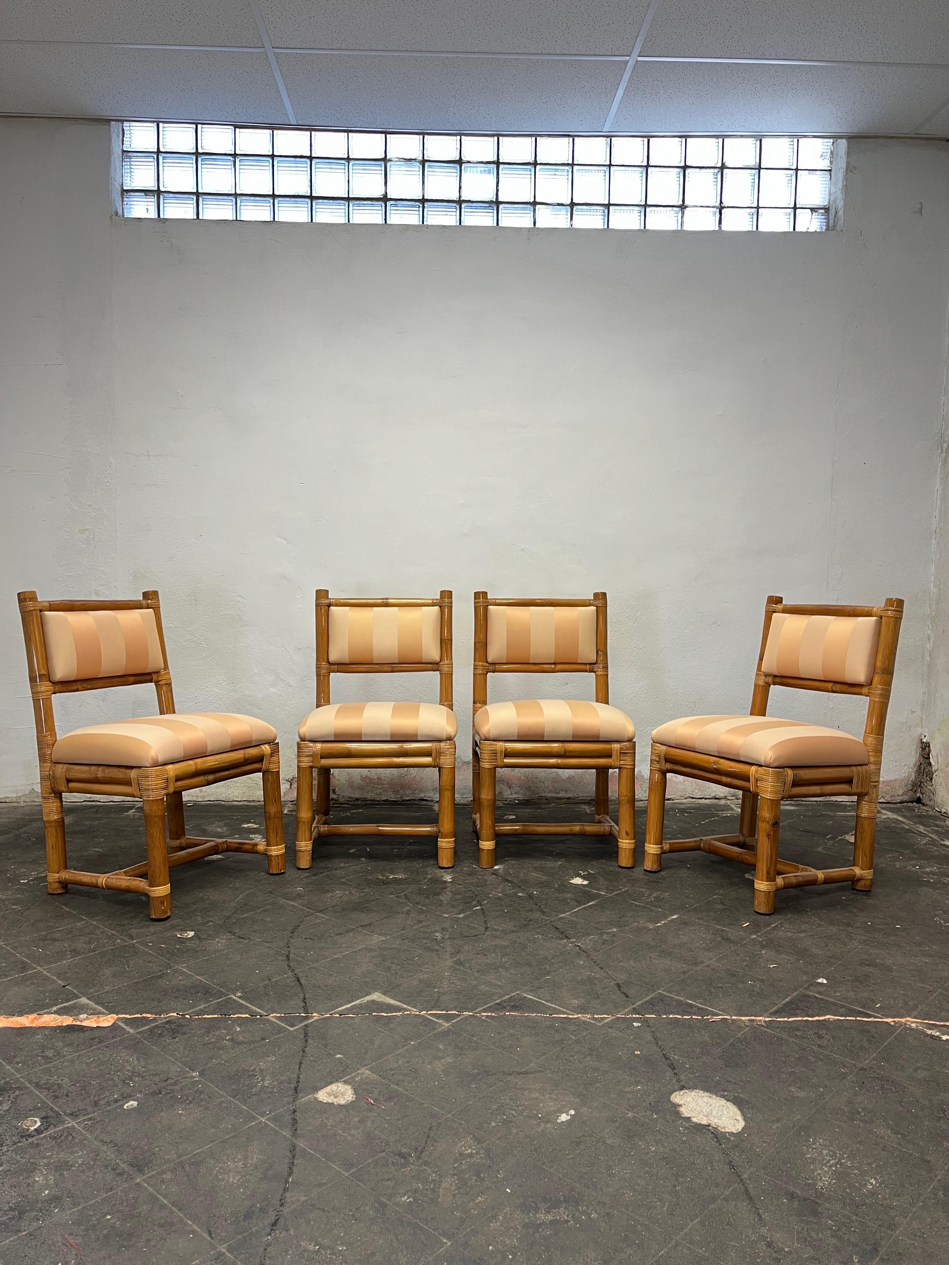 Fantastic Upholstered Elephant Bamboo Dining Chairs. Classic design that packs a punch.