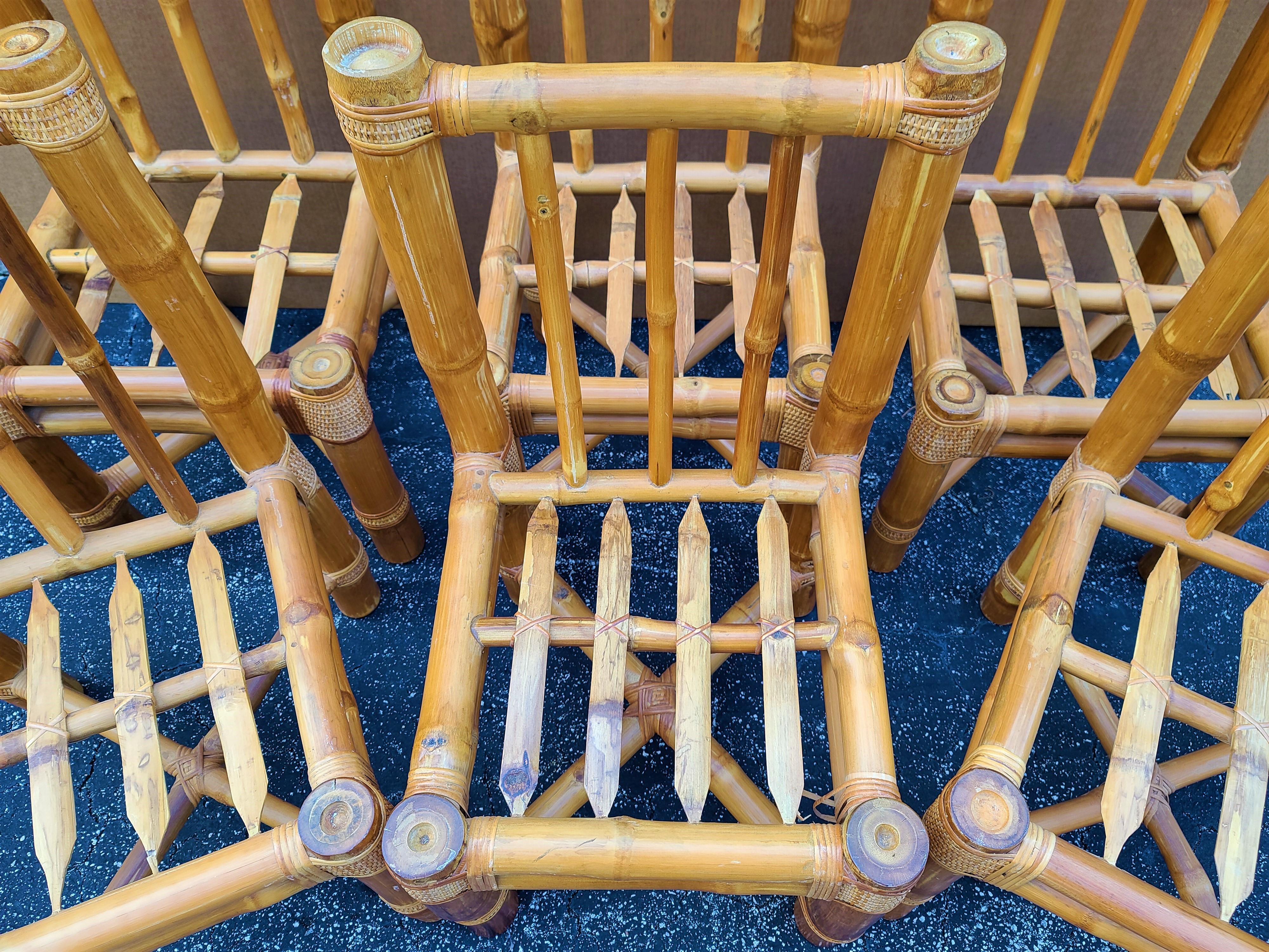Mid-Century Modern Vintage Elephant Bamboo Rattan Dining Chairs with Cushions - Set of 6 For Sale