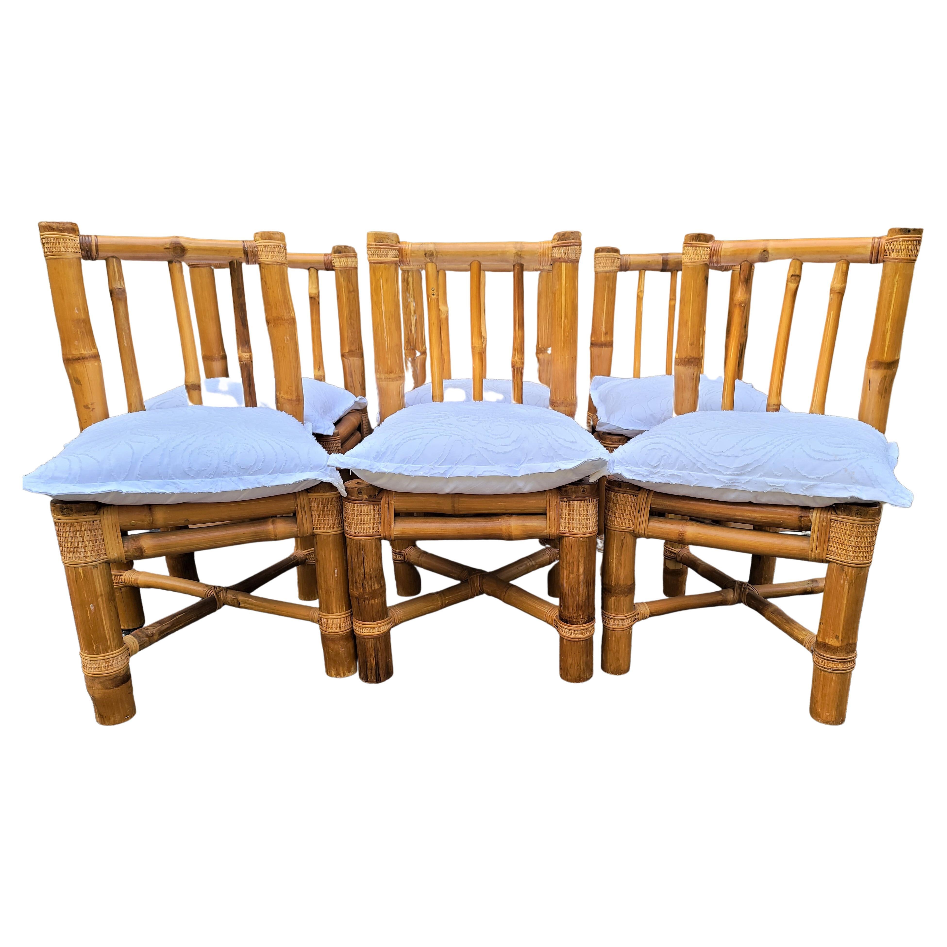 Chaises de salle à manger vintage en bambou et rotin éléphant avec coussins - Lot de 6