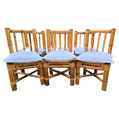 Vintage Elephant Bamboo Rattan Dining Chairs with Cushions - Set of 6
