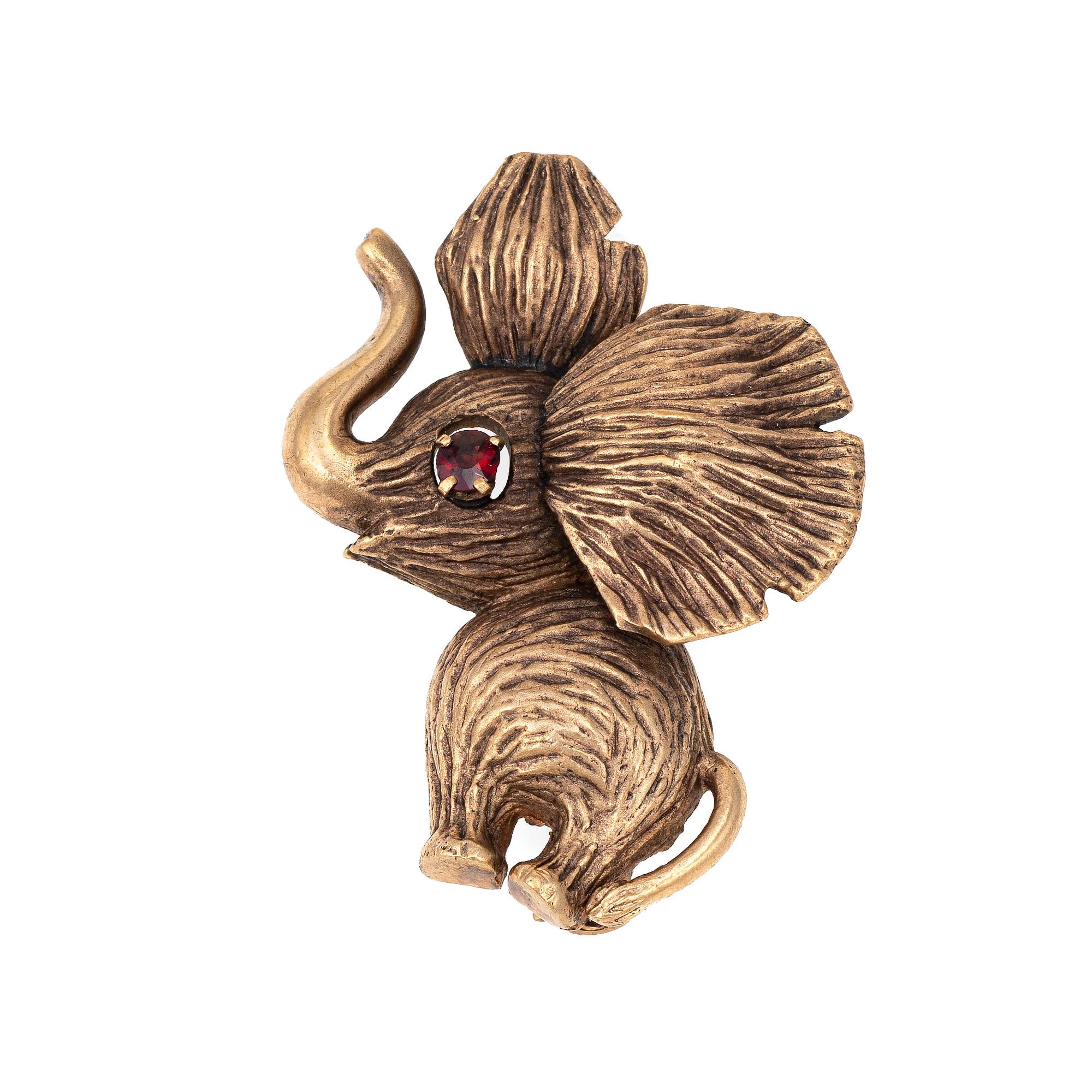 Broche Vintage Elefante Oro Amarillo 9k Alfiler Animal Jewelry Estate Fine Ojo de Granate Moderno