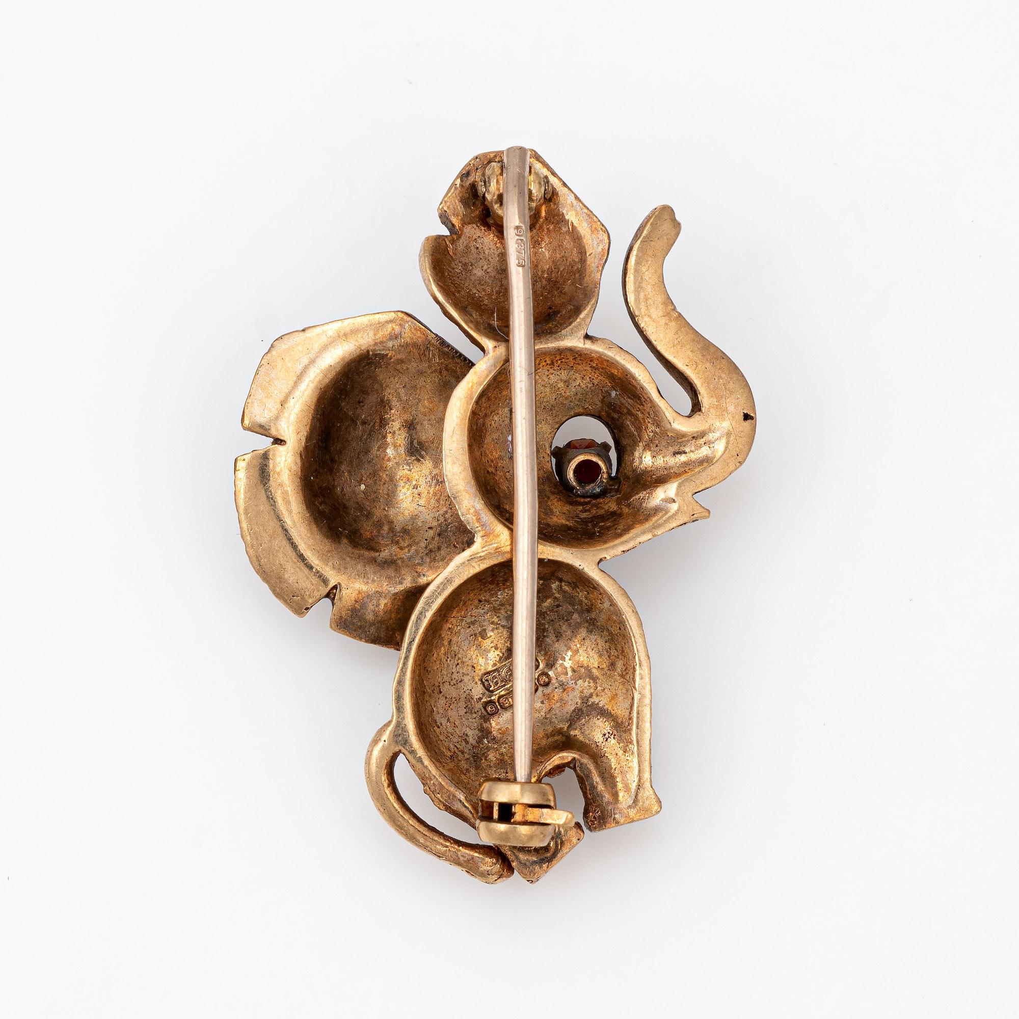 Modern Vintage Elephant Brooch 9k Yellow Gold Pin Animal Jewelry Estate Fine Garnet Eye