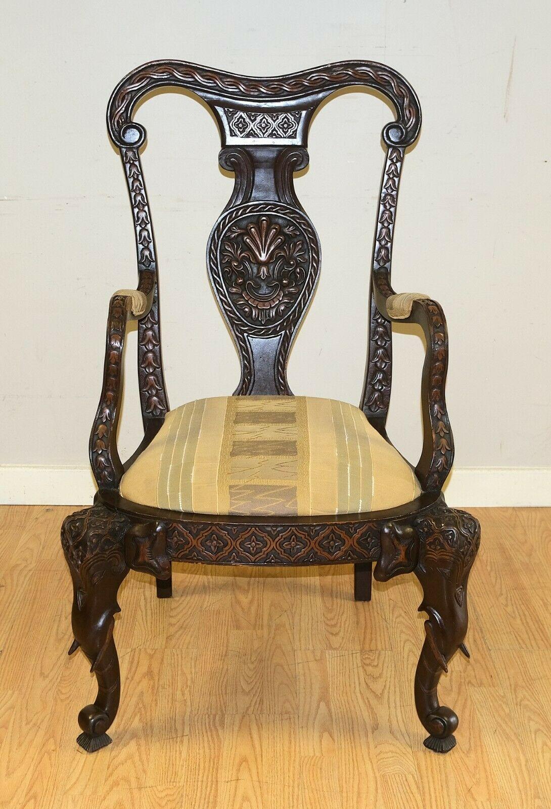 Country Vintage Elephant Carved 20th Century Open Armchair Brown Frame and Back Splat For Sale