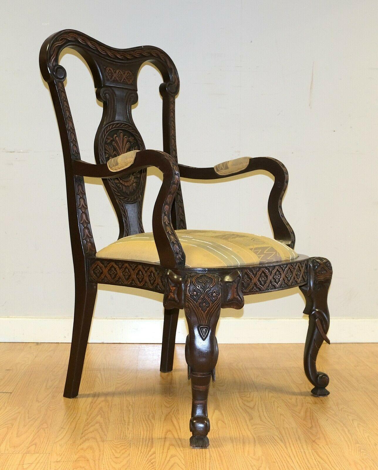 English Vintage Elephant Carved 20th Century Open Armchair Brown Frame and Back Splat For Sale