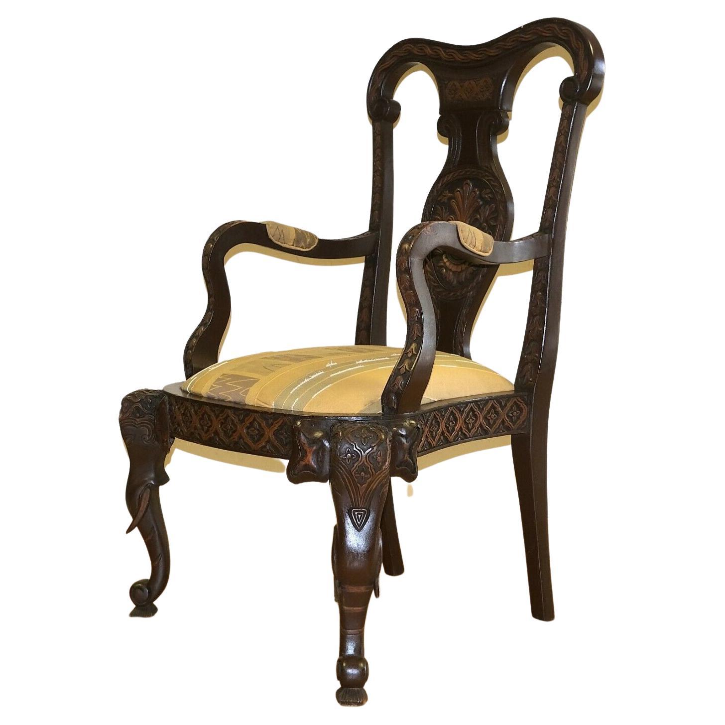 Vintage Elephant Carved 20th Century Open Armchair Brown Frame and Back Splat For Sale