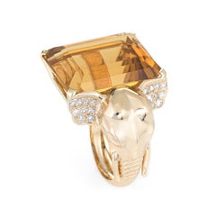 Vintage Elephant Citrine Ring 14 Karat Gold Diamond Ears Estate Animal Jewelry