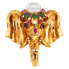 Vintage Elephant Diamond Peal Sapphire Ruby Emerald 18k Gold Brooch Pin