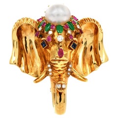 Vintage Elephant Diamond Peal Sapphire Ruby Emerald 18k Gold Brooch Pin