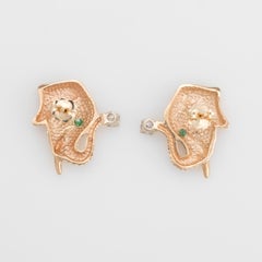 Vintage Elephant Earrings Diamond Emerald 14 Karat Gold Estate Animal Jewelry